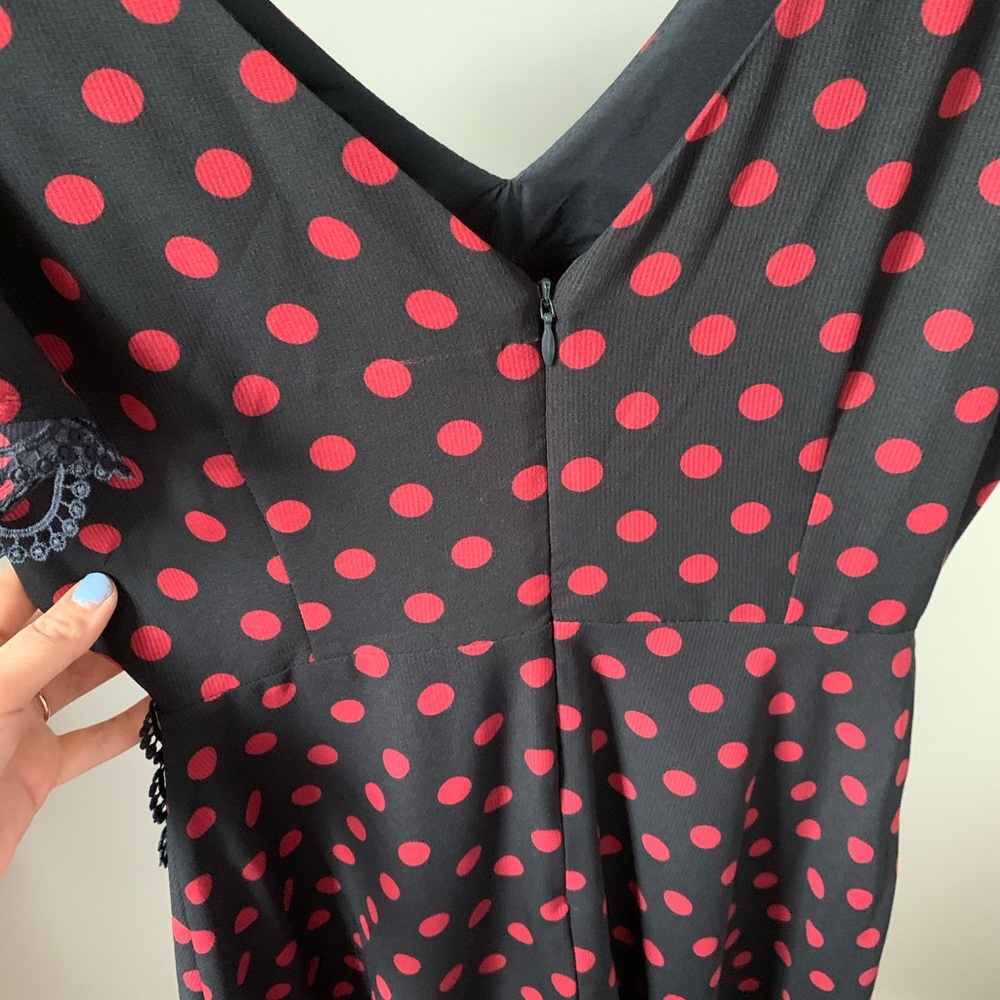 Red and navy polkadot deep V ruffle dress - Picture 2 of 2